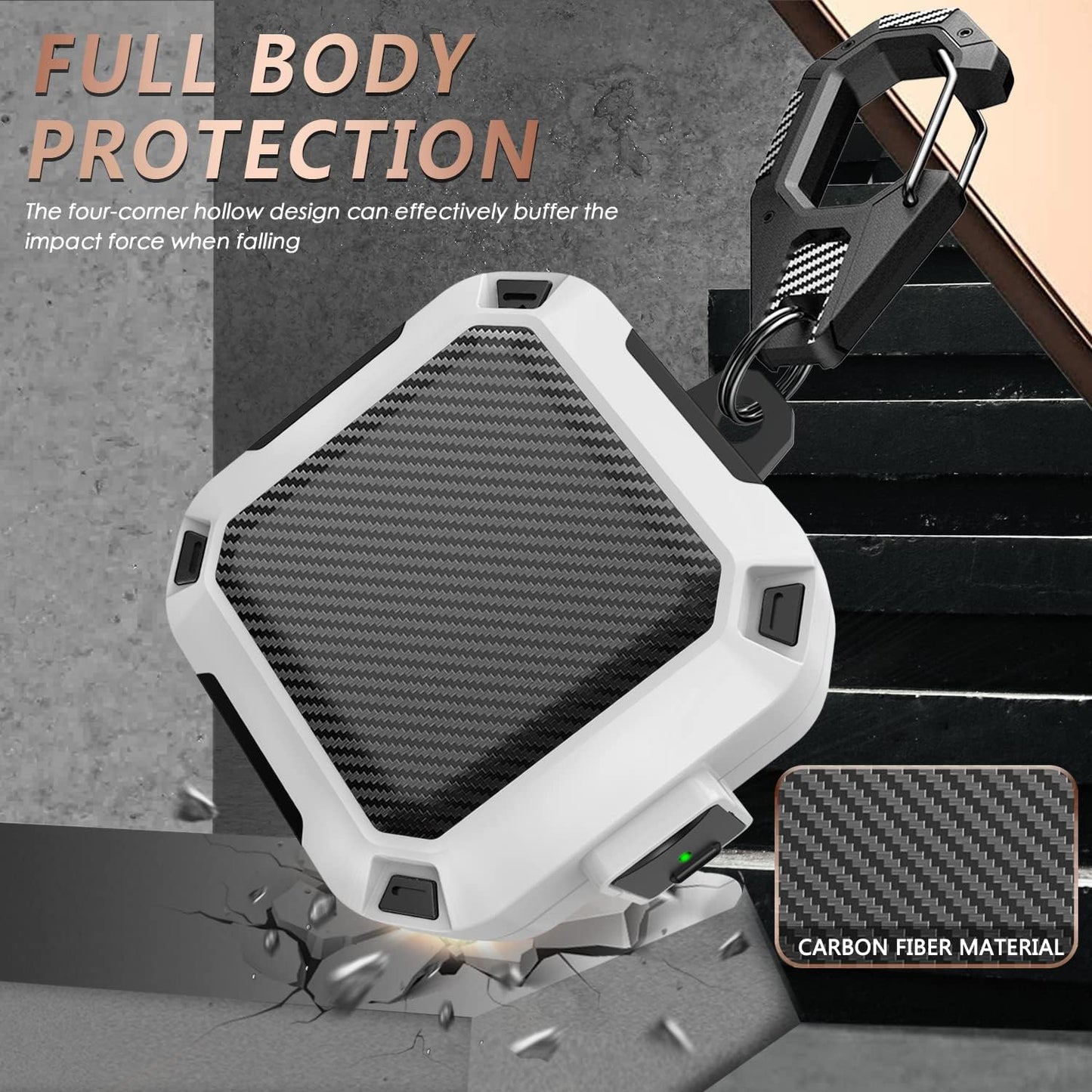 Secure Lock Case for Beats Fit Pro 2021, Carbon Fiber Texture Beats Fit Pro Earbuds Case Cover with Anti-Lost Keychain/Storage Box/Cleaning Brush/Wrist Strap. (White)  Mooyavia   