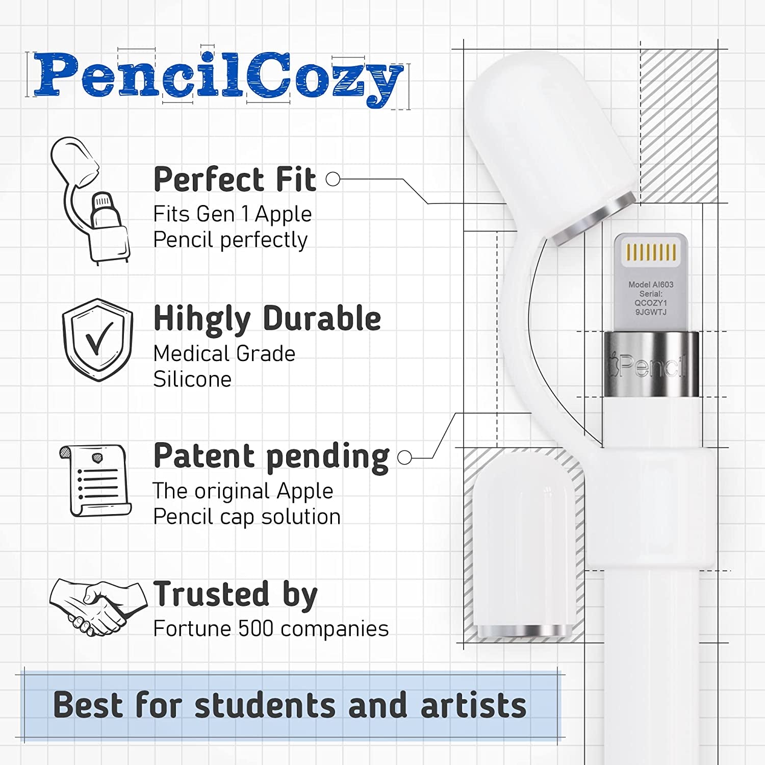 Pencilcozy for Apple Pencil Accessories | Cap Replacement and Holder, Protective Cover & Tether Prevents Damage, Works with Apple Ipad Pro Apple Pencil Gen 1 (Cap Included) (White)  Cozy Industries   