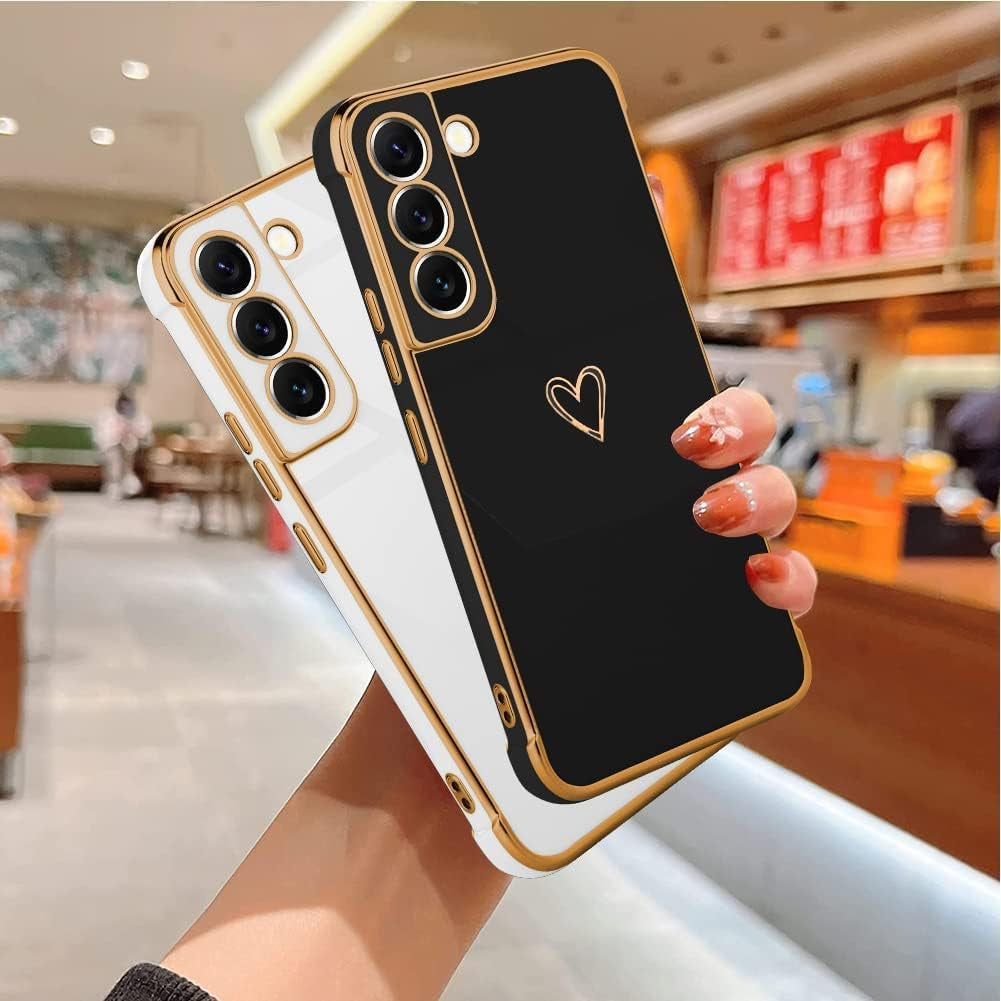 MZELQ Compatible with Samsung Galaxy S22+ plus Case for Women Cute Luxury Gold Heart Pattern Design Full Camera Protection & Soft TPU Shockproof Protective Plating Edge Phone Case,Light Blue  MZELQ   