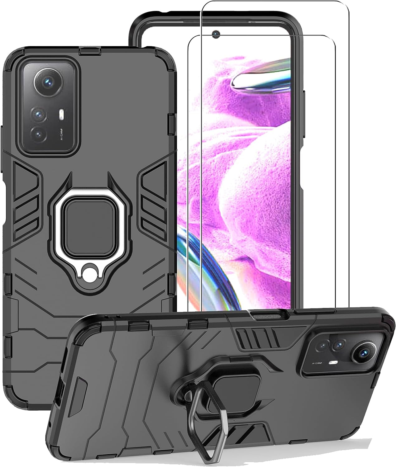 ZMONE Phone Case for Xiaomi Redmi Note 12S Case with Glass Screen Protector [2 Pack] Heavy Duty Dual Layer Military Grade Shockproof Protective Cover with Magnetic Ring Kickstand - Black  Chengmi   