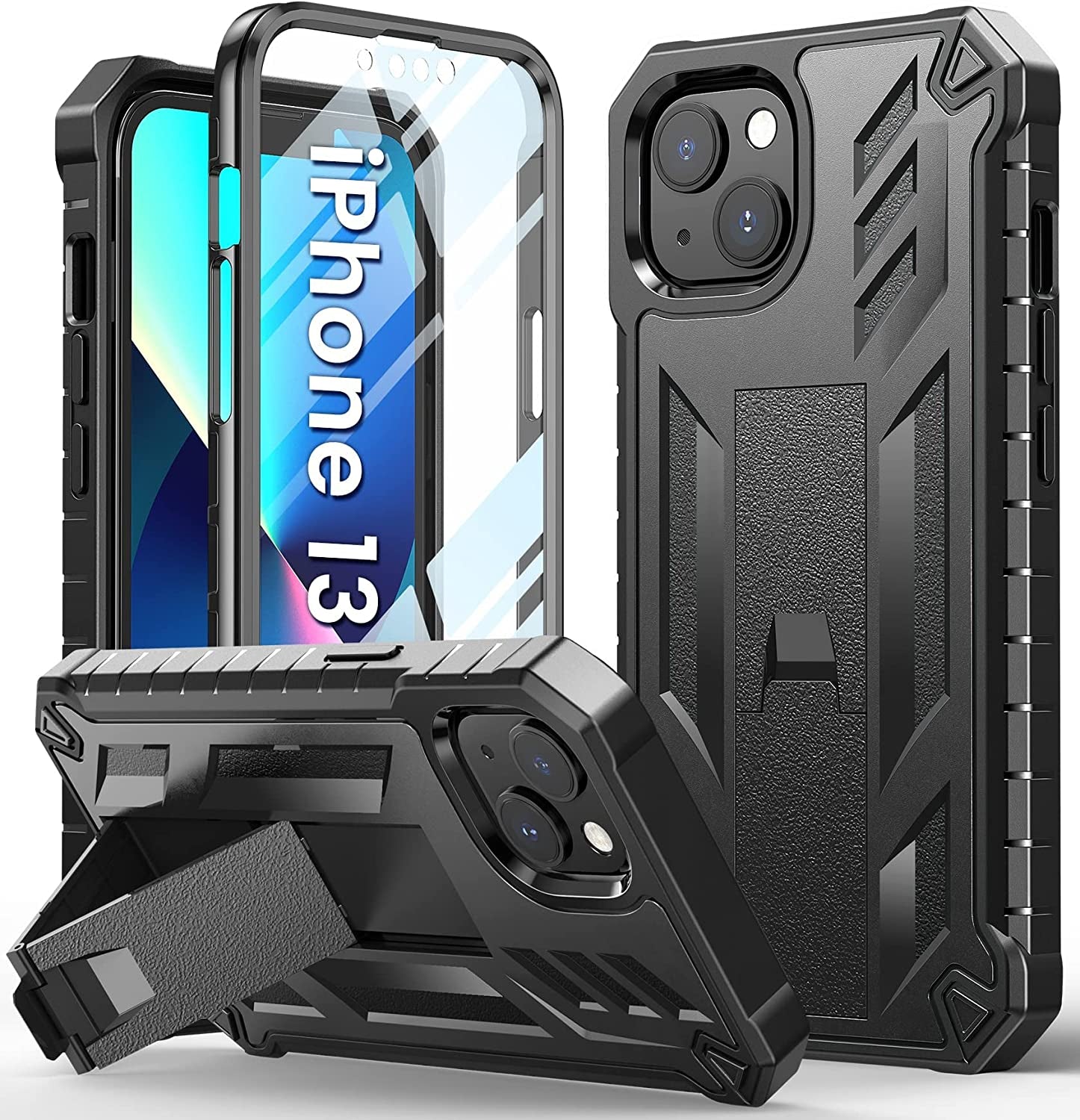 For Iphone 13 Case Protective Cover: Iphone 14 Case Heavy Duty Military Grade Hard Protection Shock Proof Grip | Durable Dual-Layer Design Iphone 13-14 Phone Case with Built-In Kickstand Black  DAMAI Black  
