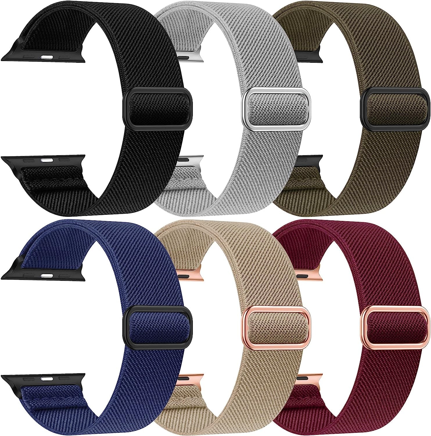 OYODSS 6 Pack Stretchy Solo Loop Band Compatible with Apple Watch Bands 38Mm 40Mm 41Mm 42Mm 44Mm 45Mm 49Mm, Nylon Sport Strap with Metal Connectors for Iwatch Ultra Series 8/7/6/5/4/3/2/1 SE Women Men  OYODSS Black/Grey/Army Green/Navy Blue/Stone/Wine Red 42/44/45/49MM 