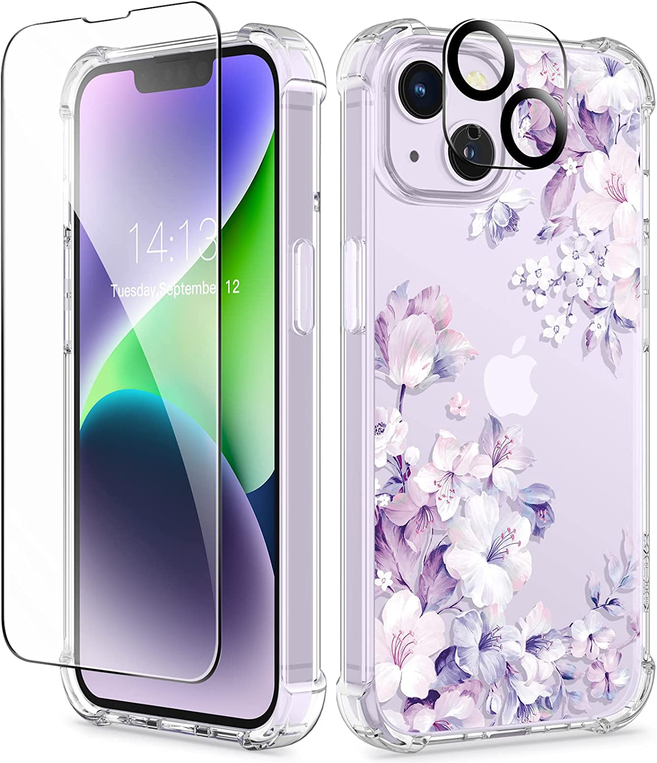 GVIEWIN Compatible with Iphone 14 Case with Screen Protector + Camera Lens Protector, Soft Shockproof Clear Floral Phone Protective Cover for Women, Flower Pattern Design 6.1" (Blooming Flowerets)  GVIEWIN Foliolosa/Purple  