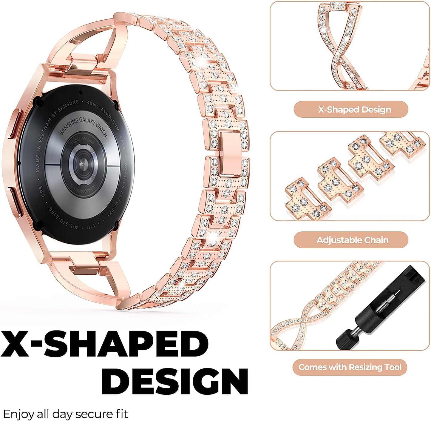 20Mm Bling Band Compatible for Samsung Galaxy Watch 4 40Mm 44Mm, Watch 5 40Mm 44Mm, Galaxy Watch 4 Classic 42Mm 46Mm, Active 2 40Mm 44Mm, Watch 42Mm, Watch 5 Pro, Watch 3 41Mm Rhinestone Band OULRAEFS Adjustable Women Bracelet Wristband Strap  OULRAEFS   