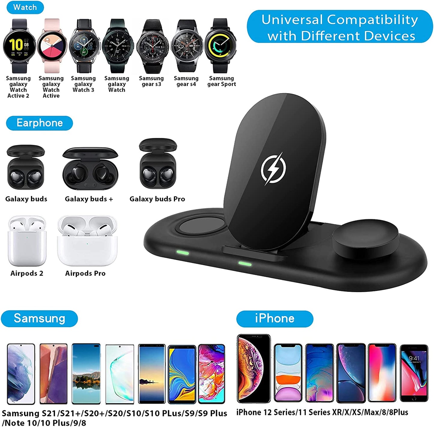Wireless Charging Station 3 in 1, Fast Wireless Charger for Samsung Galaxy Watch 4, Active 2 Series and Galaxy Buds Series, Phone Charger Stand Dock Compatible with Samsung Galaxy S22 S20 Note(Black)  Shenzhen Xuanfeng Innovations Technology Co., Ltd.   