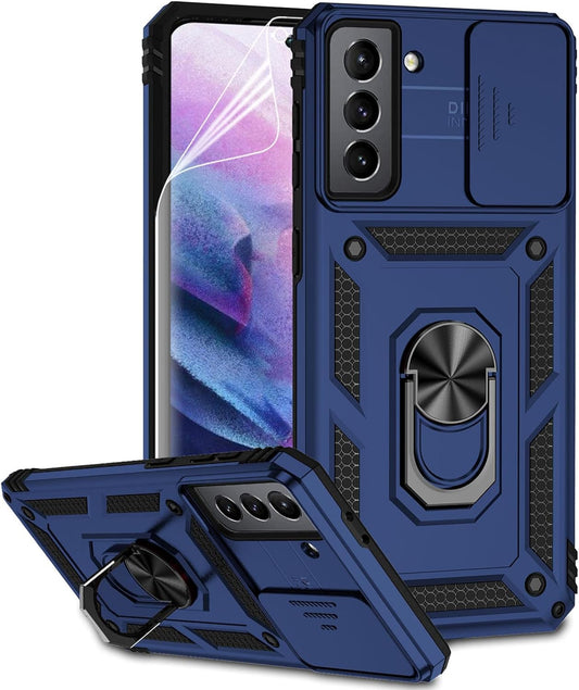 For Samsung Galaxy S21 plus Case with Camera Lens Cover HD Screen Protector, Military-Grade Drop Tested Magnetic Ring Holder Kickstand Protective Phone Case for Samsung Galaxy S21+ plus 5G (Navy Blue)  JINZHI Inc   