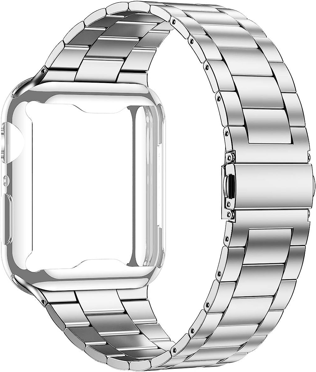 Wolait Compatible with Apple Watch Band 42Mm 44Mm 45Mm 49Mm 38Mm 40Mm 41Mm with Case, Upgraded Business Stainless Steel Band with Screen Protector Cover for Iwatch Series 8/7/6/SE Series 5/4/3/2/1  Wolait Silver 40mm 