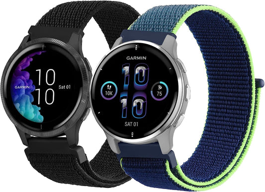 2 Pack Bands for Garmin Venu / Venu 2 plus / Venu Sq Watch Band Women Men, Soft Nylon Adjustable Replacement Wristband Strap for Garmin Vivomove Sport, Vivoactive 3 / 3 Music, Forerunner 645 / 245 Music Smart Watch  Wanme   