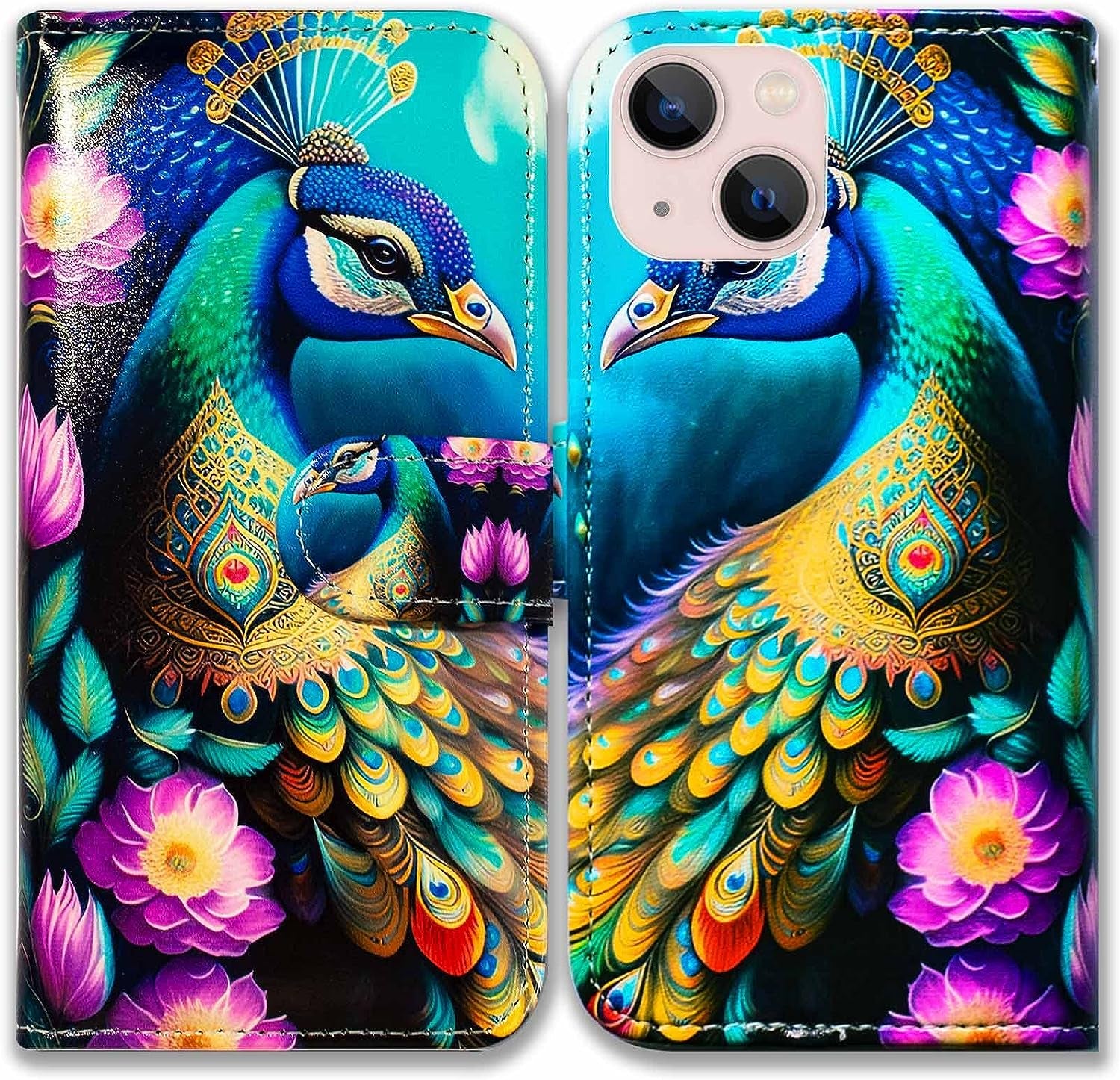 Bcov Iphone 13 Case,Blue Butterfly Flowers Rose Leather Flip Phone Case Wallet Cover with Card Slot Holder Kickstand for Iphone 13  Bcov Colorful Peacock Mandala Flowers  