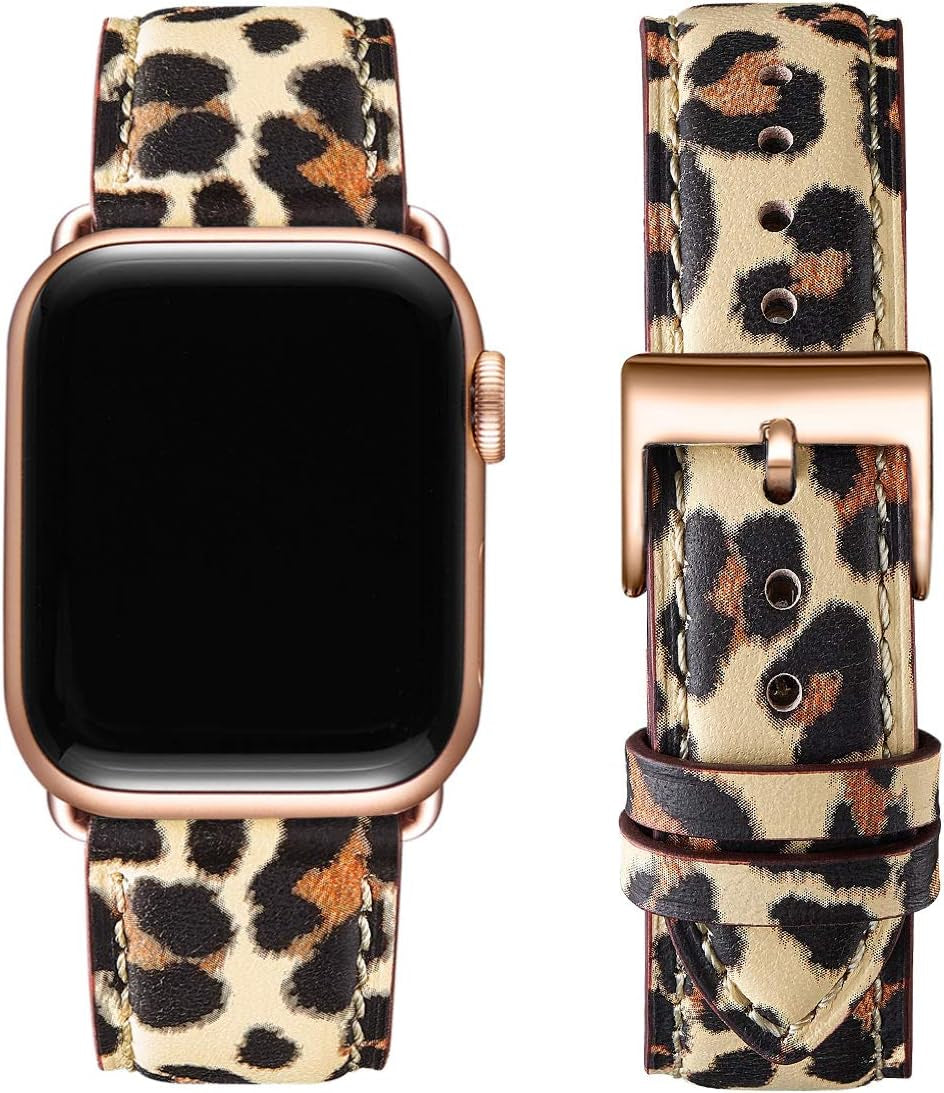 OMIU Square Bands Compatible with Apple Watch Band 38Mm 40Mm 41Mm 42Mm 44Mm 45Mm 49Mm, Genuine Leather Wristband Starp for Iwatch SE Series 8 7 6 5 4 3 2 1 Utral for Women Men(Ivory White/Rose Gold)  BestWayStore Leopard/Rose Gold 42mm 44mm 45mm 49mm 