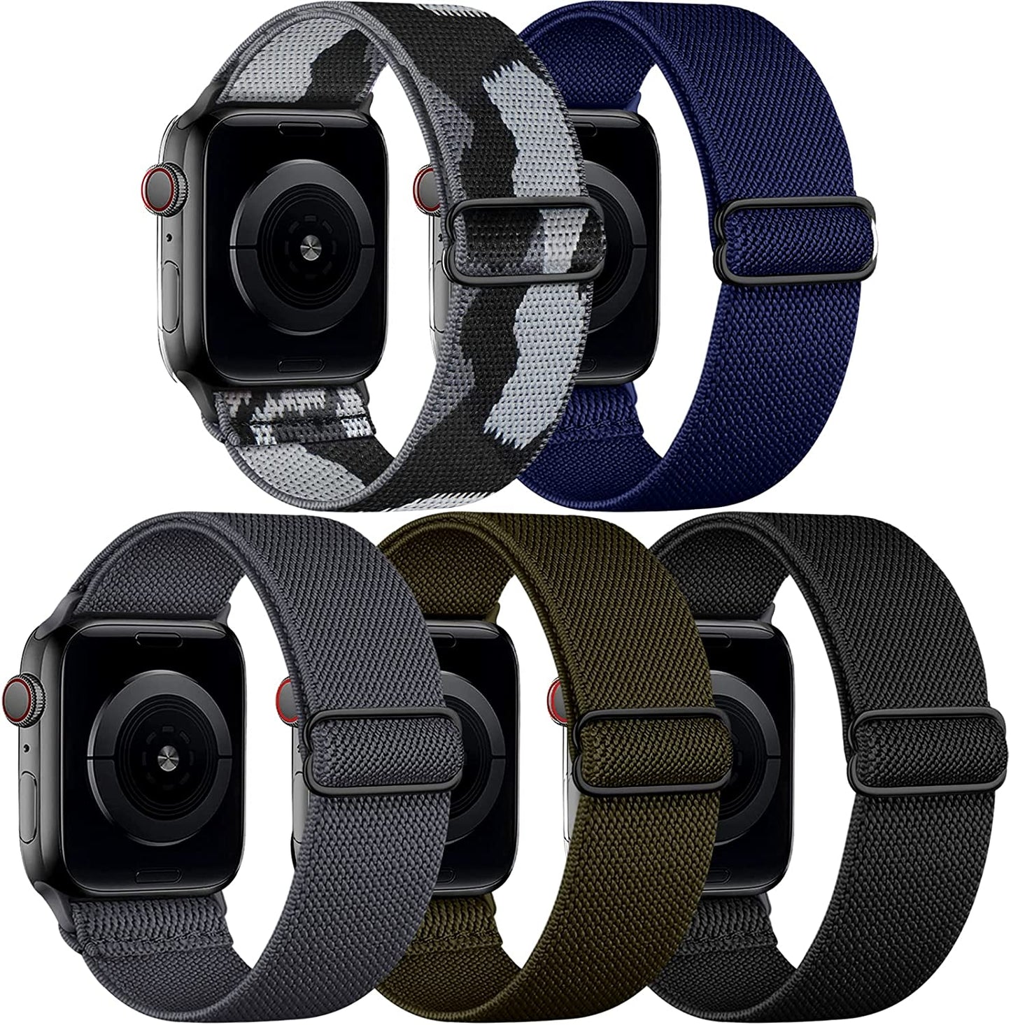 Cangroo 5 Pack Stretchy Nylon Bands Compatible with Apple Watch Band 38Mm 40Mm 41Mm 42Mm 44Mm 45Mm 49Mm for Women Men, Elastic Solo Loop Braided Wristbands for Iwatch SE Ultra Series 8 7 6 5 4 3 2 1  Cangroo Camo Grey/Blue/Deep Grey/Army Green/Black 42mm/44mm/45mm/49mm 