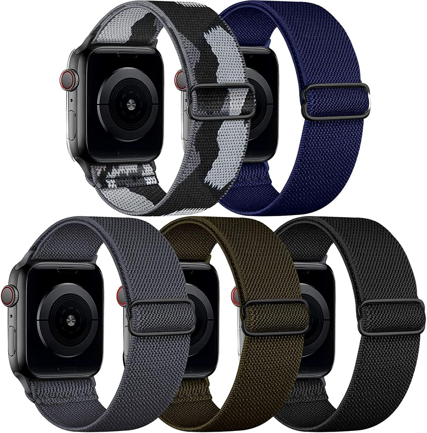 Cangroo 5 Pack Stretchy Nylon Bands Compatible with Apple Watch Band 38Mm 40Mm 41Mm 42Mm 44Mm 45Mm 49Mm for Women Men, Elastic Solo Loop Braided Wristbands for Iwatch SE Ultra Series 8 7 6 5 4 3 2 1  Cangroo Camo Grey/Blue/Deep Grey/Army Green/Black 42mm/44mm/45mm/49mm 