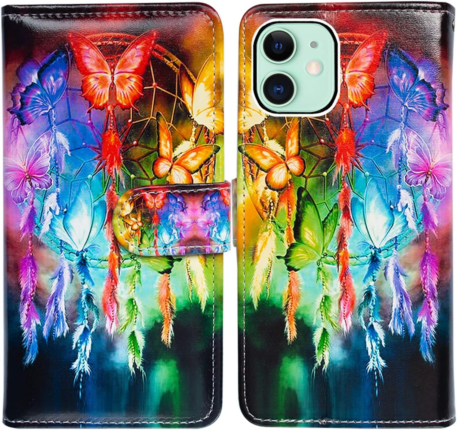 Bcov Iphone 13 Case,Blue Butterfly Flowers Rose Leather Flip Phone Case Wallet Cover with Card Slot Holder Kickstand for Iphone 13  Bcov Colorful Butterfly Dream Catcher  