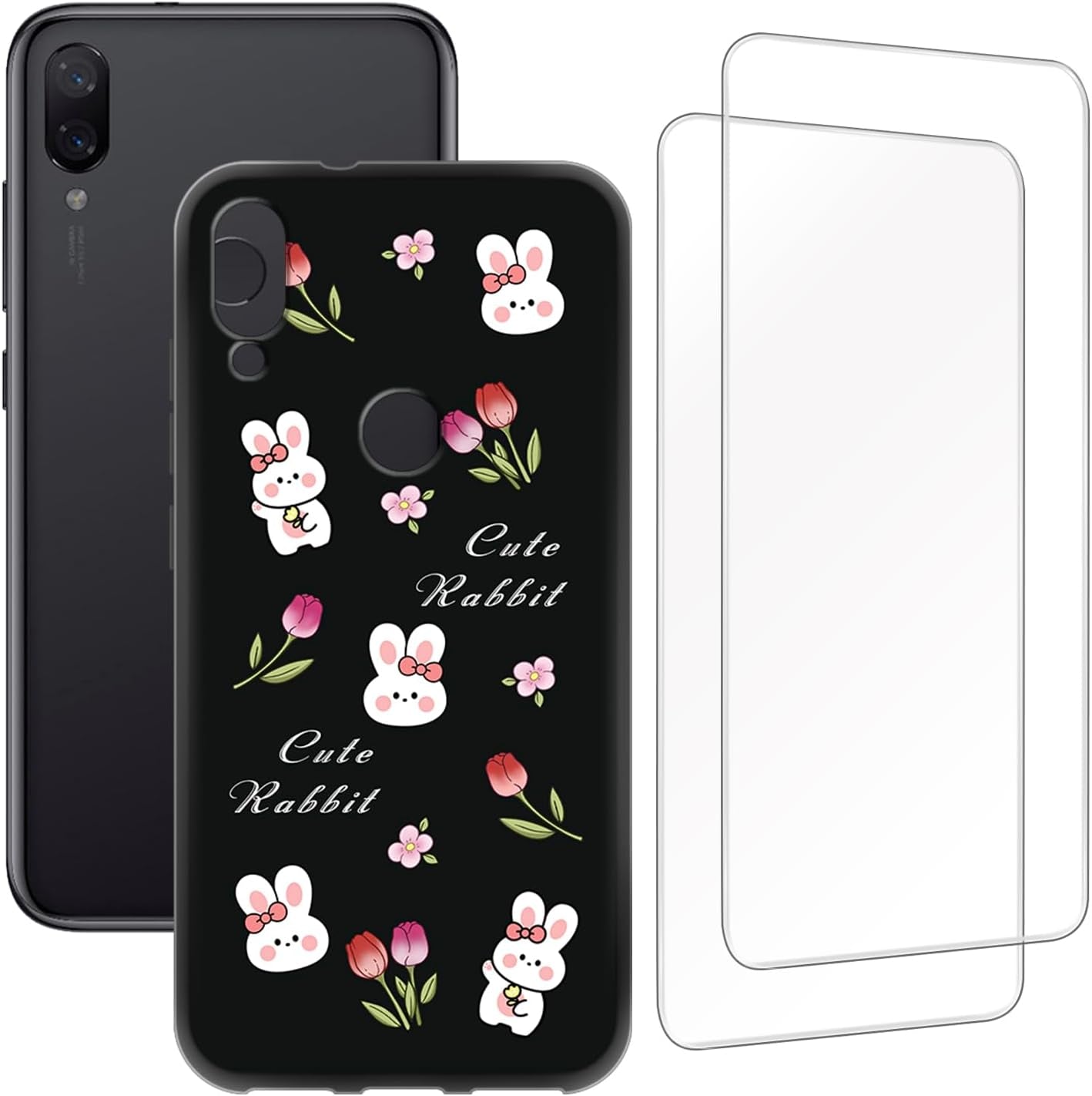 Zuitop Xiaomi Mi Play(5.84 Inch) Design Case with 2 Pack Tempered Glass Screen Protector,For Xiaomi Mi Play Slim Soft Silica Gel TPU Protective Cover.  Zuitop Flower And Rabbit  
