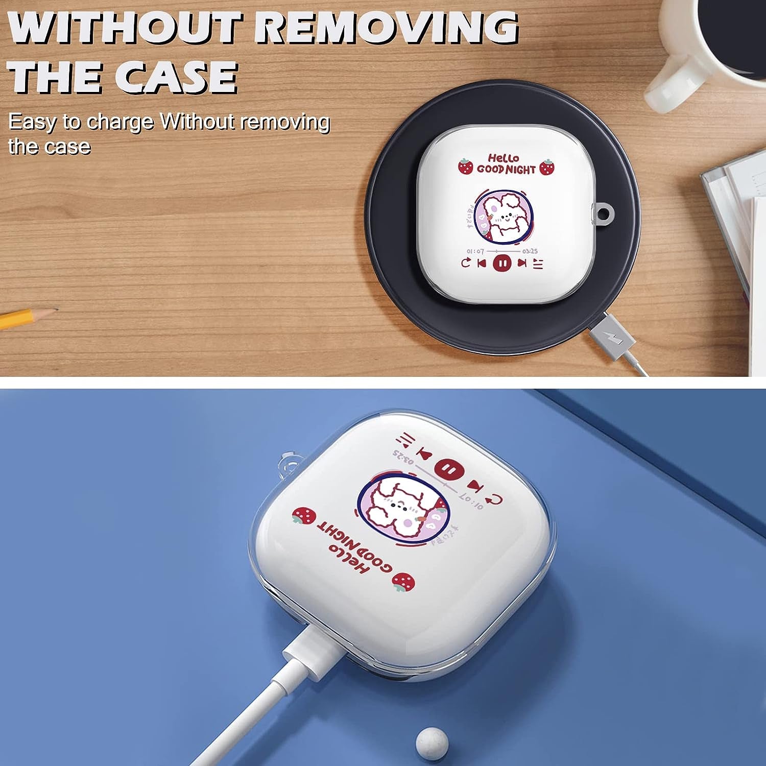 Cute Rabbit Case Compatible with Beats Fit Pro Clear Case with Kawaii Strawberry Bunny Keychain for Women Girls Kids Soft Silicone Anime Cover for Beats Fit Pro  CameCosy   