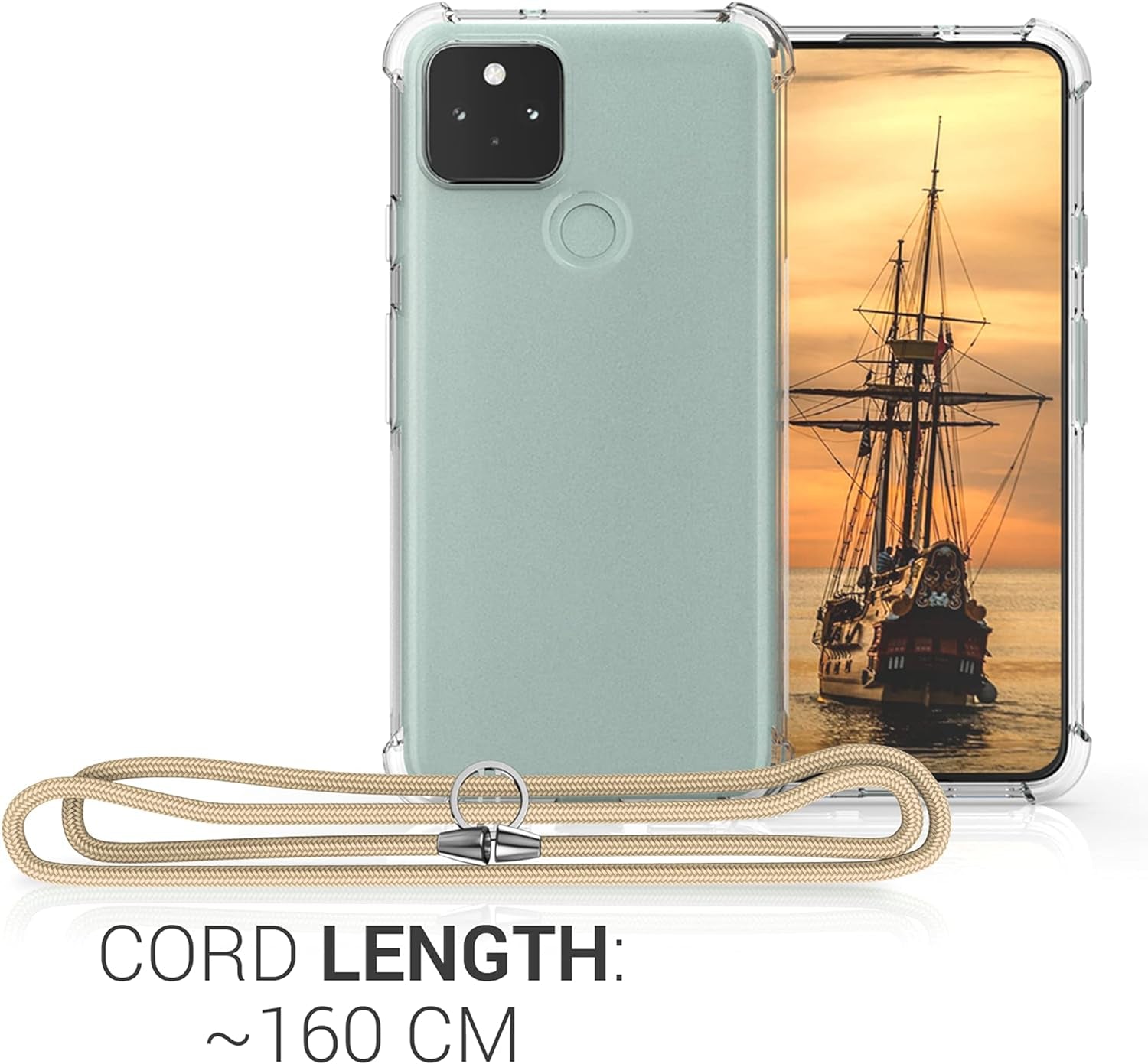 Kwmobile Crossbody Case Compatible with Google Pixel 5 Case - Clear TPU Phone Cover W/Lanyard Cord Strap - Gold  kwmobile   