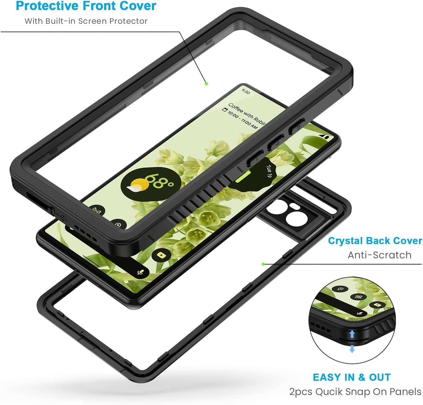 Lanhiem Pixel 6 Case, IP68 Waterproof Dustproof Case with Built-In Screen Protector, Rugged Full Body Shockproof Phone Cover for Google Pixel 6, Black/Clear  Lanhiem   