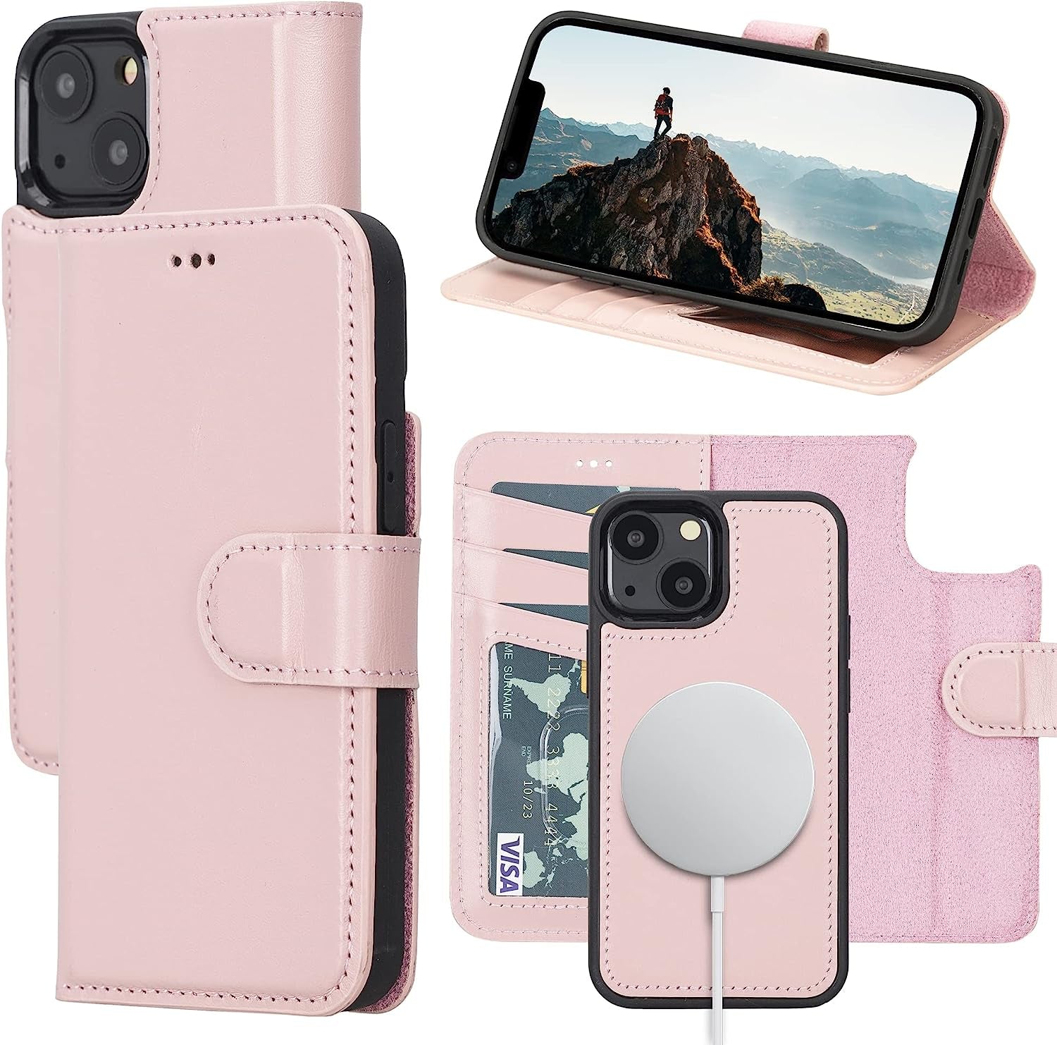 OXA Leather 2-In-1 Wallet Case Compatible with Iphone 14 Pro Max | Magnetic Detachable | Shockproof | RFID Blocking | Flip Case with Kickstand | Compatible with Magsafe | - Purple  OXA Pink iPhone 14 Plus 