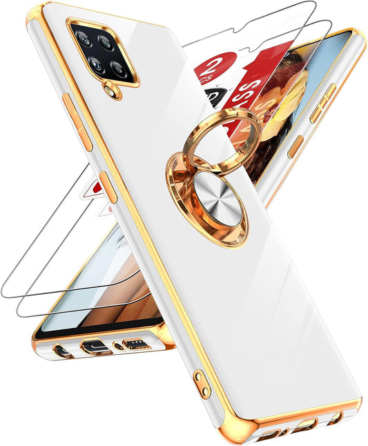 Leyi for Samsung Galaxy A42 5G Case with Tempered Glass Screen Protector [2 Pack] 360° Rotatable Ring Holder Magnetic Kickstand, Plating Rose Gold Edge Protective Case, White  LeYi   