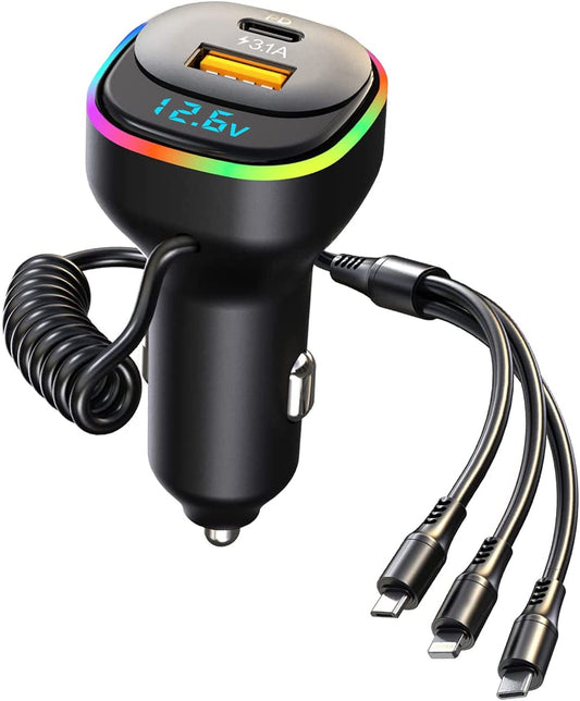 USB C Car Charger, 100W 5 Multi Port Fast Car Charger PD3.0 &QC3.0 Fast Charging with 4Ft Type C Coiled Cable, Cigarette Lighter USB Charger Compatible with Iphone/Samsung Galaxy S22/21/Google Pixel  Wekttznol   