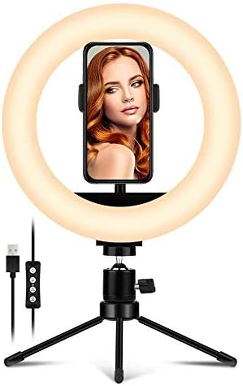 8'' Ring Light with Tripod Stand & Phone Holder for Selfie, Makeup,Live Streaming & Youtube Video,3 Light Modes and 10 Brightness Level,Dimmable Desk Makeup Ring Light  TBJSM   
