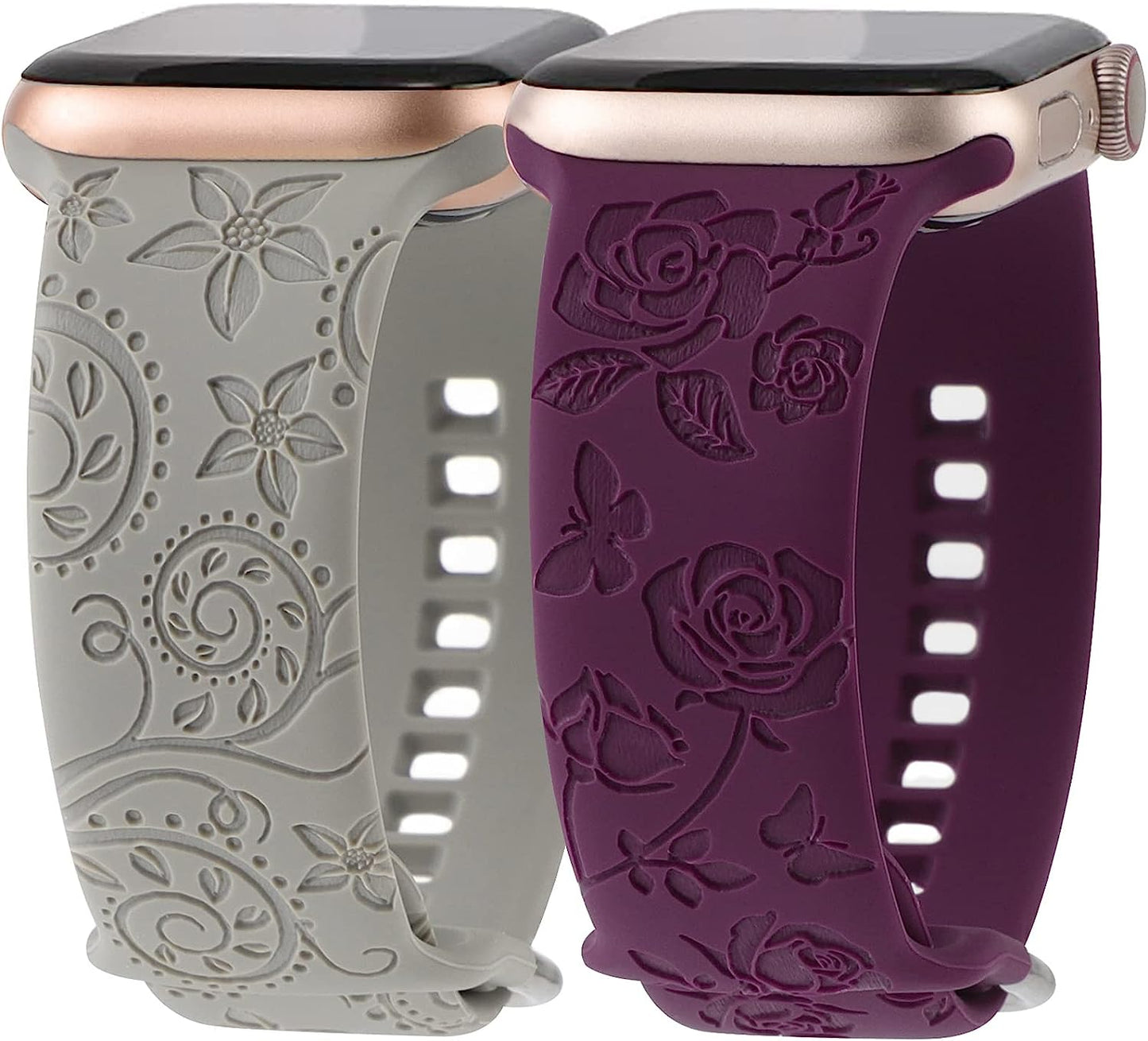 Flower Engraved Bands Compatible with Apple Watch Band 41Mm 40Mm 38Mm 44Mm 42Mm 45Mm 49Mm, Cute Women Floral Soft Silicone Sport Replacement Strap for Iwatch Series Ultra SE 8 7 6 5 4 3 2 1  TERKOWQI Grey Nordic Purple 42mm/44mm/45mm/49mm 