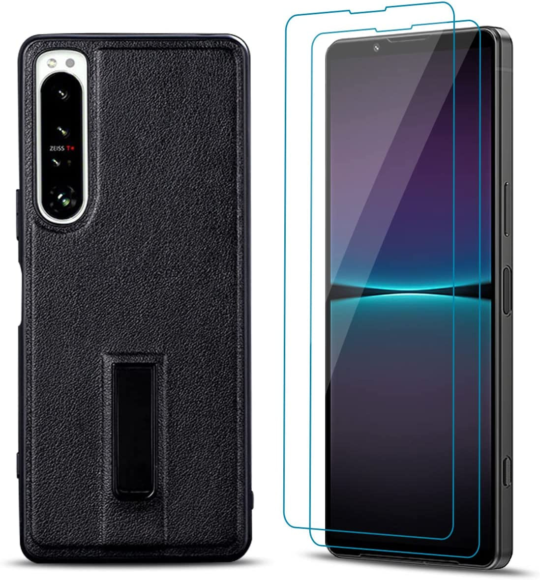 QUIETIP Stand Case for Sony Xperia 1 V 5G with Screen Protector,Slim Leather Metal Kickstand Protective Cover Lens Protect,Black  QUIETIP   