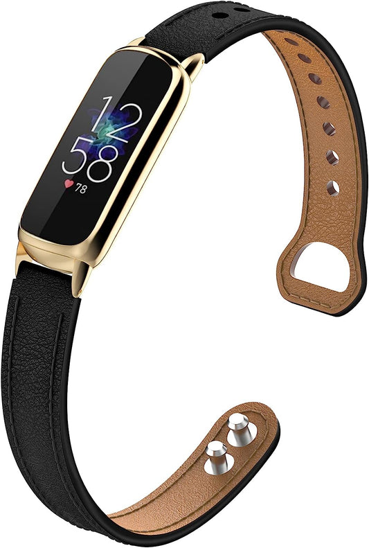 Wizvv Compatible with Fitbit Luxe Bands for Women, Elegant Slim Soft Leather Strap Wristband Bracelet Replacement for Fitbit Luxe Fitness Tracker (Black+Gold)  Wizvv   