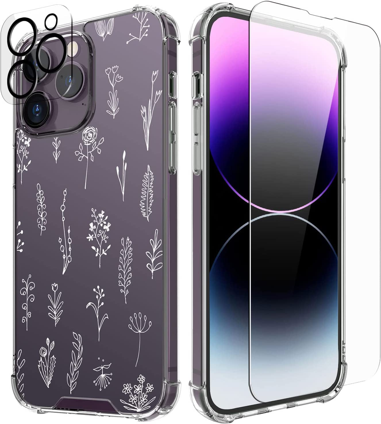 Cutebe [3 in 1 Crystal Phone Case for Iphone 13(2021)/Iphone 14(2022) 6.1", Cute Protective Cover with 9H Temper Glass Screen Protector + HD Temper Camera Lens Protector for Women, Girls  Cutebe iPhone 14 Pro Max-Wild Floral iPhone 14 Pro Max Case 6.7 Inch 