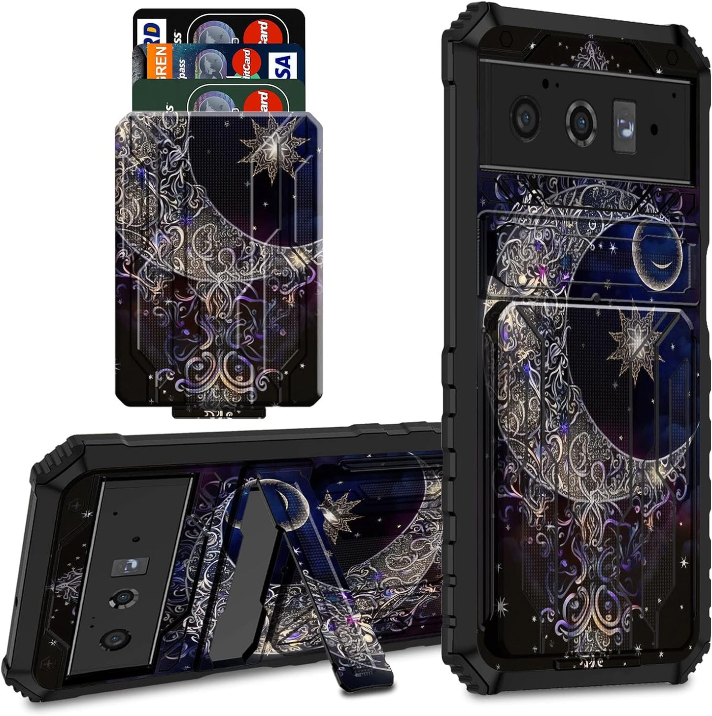 CGFGHHUY for Google Pixel 6 Pro Case for Pixel 6 Pro Wallet Case with Credit Card Holder & Kickstand Dual Layer Hard PC Soft TPU Protective Case for Google Pixel 6 Pro 6.7 Inch 2021 - Moth Moon Sun  CGFGHHUY Purple Moon For Pixel 6 Pro 6.7 Inch 