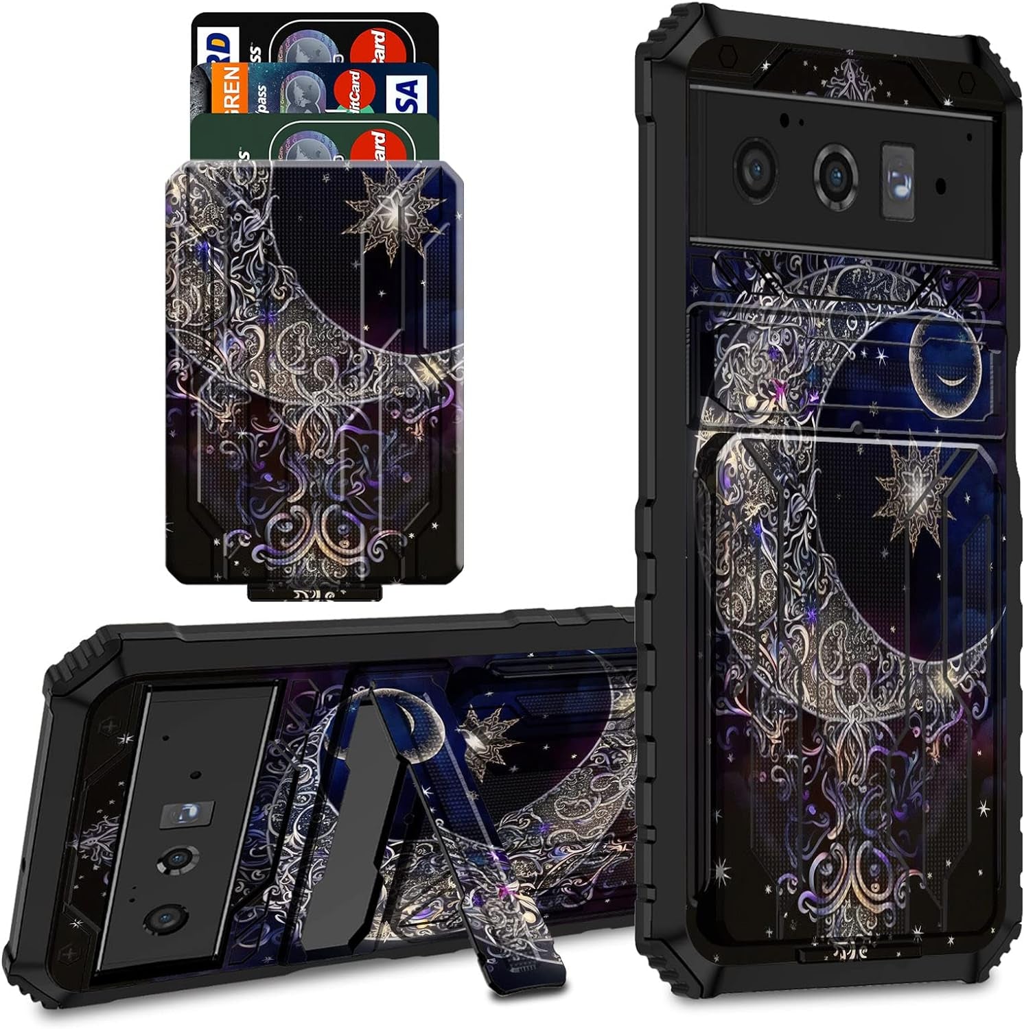 CGFGHHUY for Google Pixel 6 Pro Case for Pixel 6 Pro Wallet Case with Credit Card Holder & Kickstand Dual Layer Hard PC Soft TPU Protective Case for Google Pixel 6 Pro 6.7 Inch 2021 - Moth Moon Sun  CGFGHHUY Purple Moon For Pixel 6 Pro 6.7 Inch 