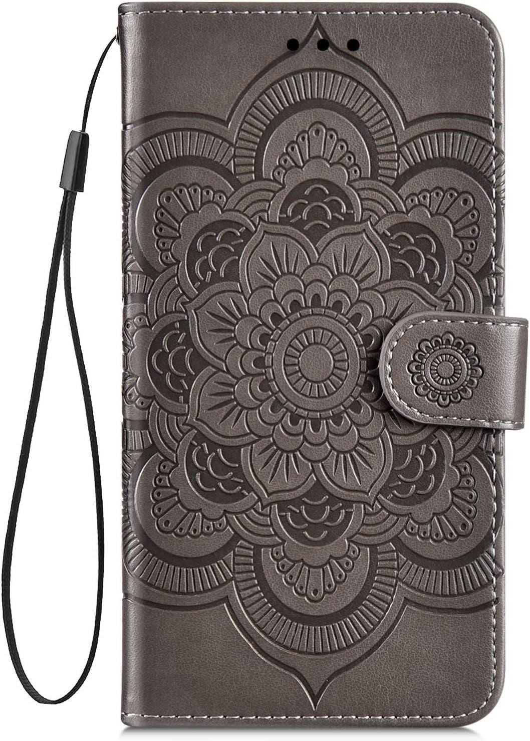 IKASEFU Compatible with LG V40 Thinq Case Emboss Sun Mandala Floral Pu Leather Wallet Strap Case Card Slots Shockproof Magnetic Stand Feature Folio Flip Book Cover Protective Case,Black  IKASEFU Gray  