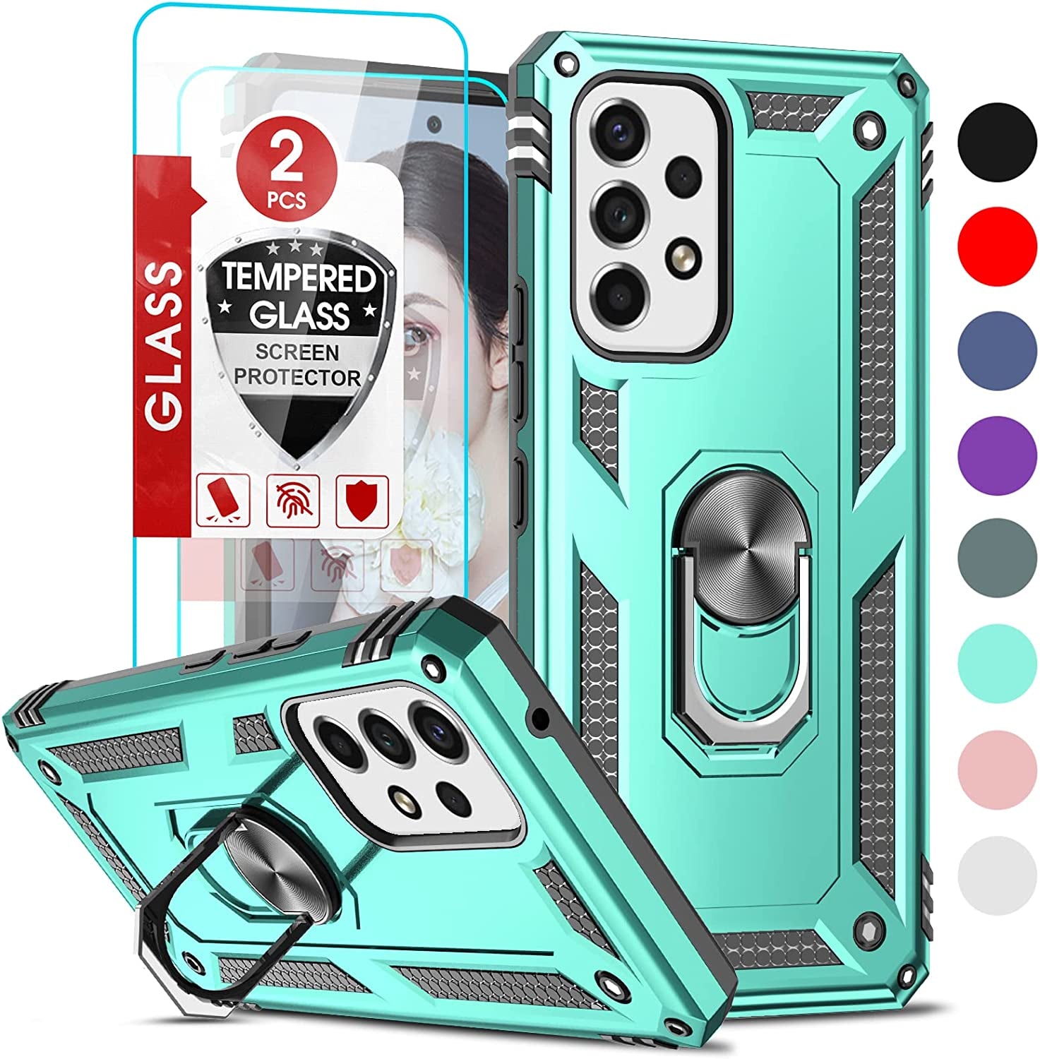 Leyi for Galaxy A53 5G Case with [2 Pack] Screen Protectors, A53 5G Case [Military-Grade] Shockproof Protective Case, Samsung Galaxy A53 Ring Kickstand Phone Cover Case for Samsung A53 5G, Black  LeYi Mint  