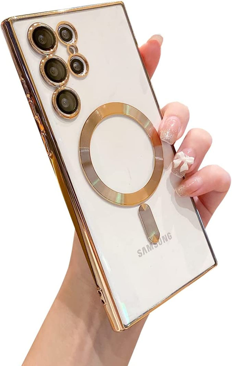 Threehundred for Samsung Galaxy S22 Ultra Case Magnetic Clear with Camera Lens Protector Full Protection Magsafe Electroplated Silicone Slim Fit Shockproof Protective Case Cover 6.8 Inch - Lavender  Threehundred Gold  