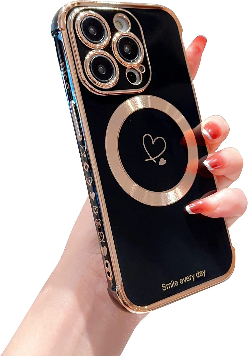 Hosgor Compatible with Magsafe Iphone 14 Pro Case for Women, Luxury Plating Cute Heart with Magnetic Wirless Charging Design Soft TPU Shockproof Bumper Case for Iphone 14 Pro 6.1Inch - (Deep Purple)  Hosgor Black Iphone 14 Pro Max 