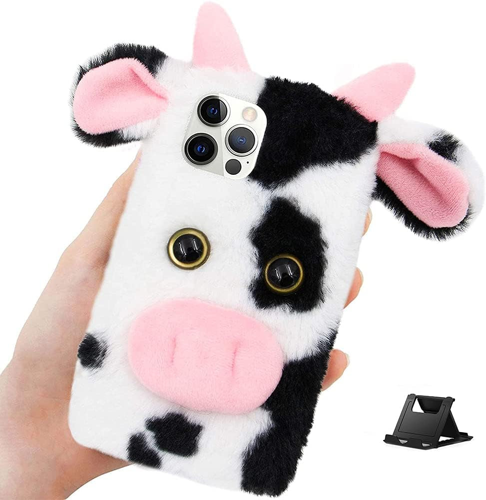 Shinyzone Case Compatible with Google Pixel 6 Pro,Plush Case 3D Ear Piggy Fluffy Fuzzy Case for Kids Girls Women,Cute Cartoon Faux Fur Warm Case for Winter Shockproof Flexible Silicone Back Cover  Shinyzone Milk Cows Google Pixel 6 Pro 