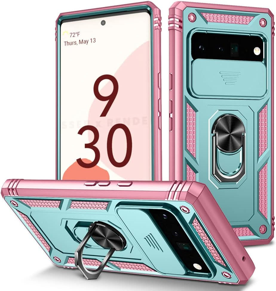 Google Pixel 6 Pro Case with Slide Camera Cover&Card Slot& Ring Kickstand Shockproof Military Grade Heavy Duty Protective Case Support Car Magnetic Holder for Google Pixel 6 Pro(2021)-Green/Pink  MOKYYDS   