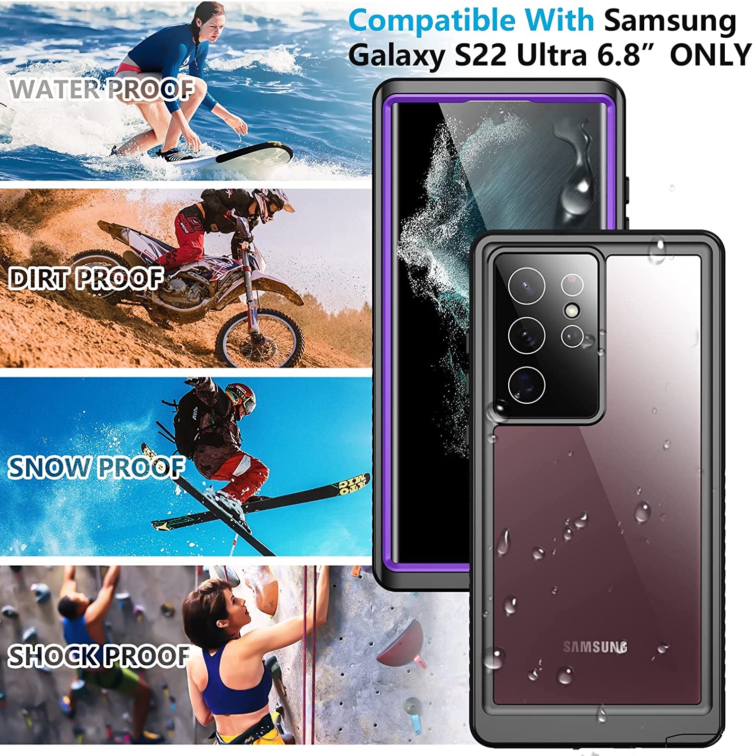 Temdan for Samsung Galaxy S22 Ultra Case Waterproof, Built in Screen Protector 360° Full Body Heavy Duty Shockproof IP68 Waterproof Galaxy S22 Ultra Case for Samsung S22 Ultra 5G 6.8 Inch Purple  Temdan   
