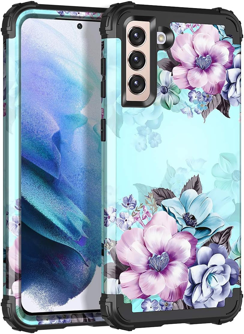 Casetego for Galaxy S21 5G Case,Floral Three Layer Heavy Duty Sturdy Shockproof Soft Tpu+Hard PC Protective Cover Case for Samsung Galaxy S21 5G 6.2 Inch,Orange/Black  Casetego A-Blue Flower  