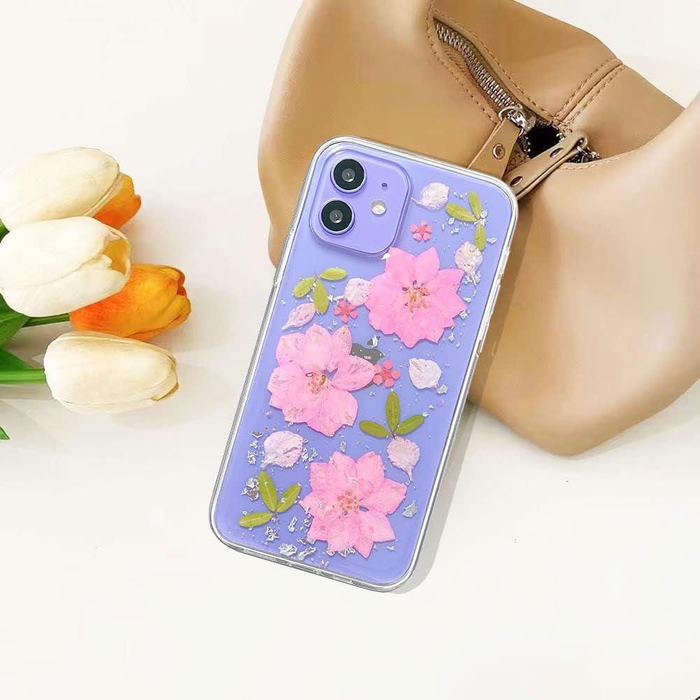 Abbery Designed for Iphone 12 Mini Case Glitter Flower Cute Bling Sparkle Clear with Design Soft Silicone TPU Real Dried Pressed Flowers Floral Aesthetic Phone Cover for Women Girls (3 Pink Flower)  Abbery   