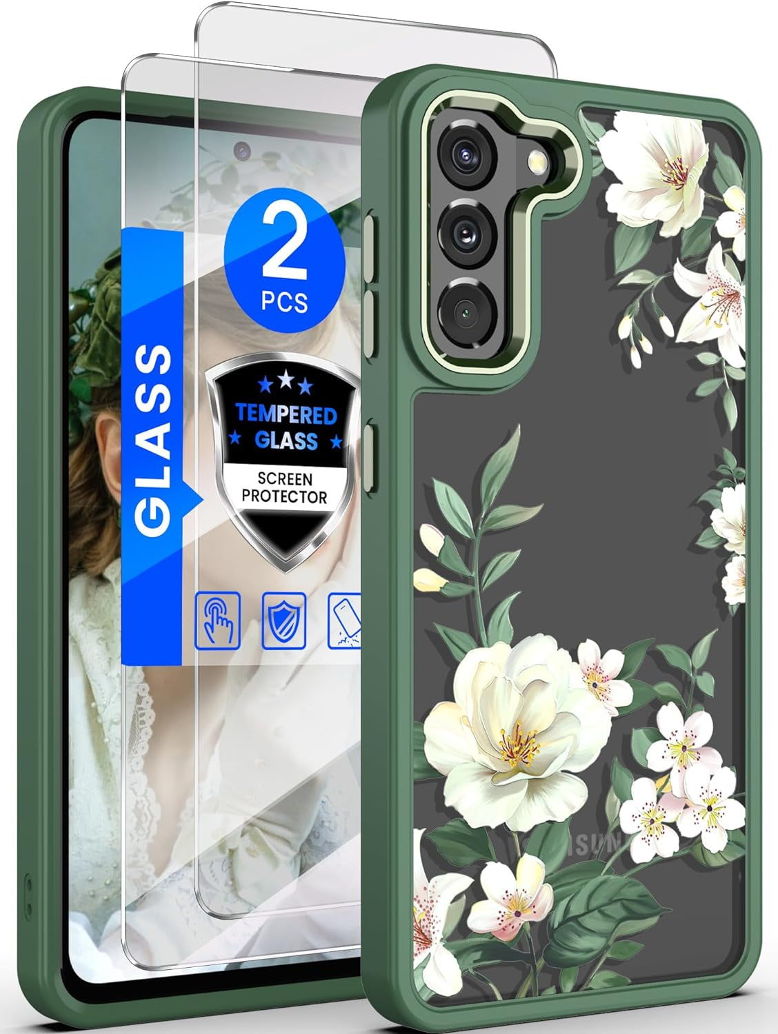 Dretal for Samsung Galaxy S21 5G Case Floral, Military Grade Drop Tested Hard Back & Soft Edge Slim Flower Women Girls Phone Protective Cover + Tempered Glass Screen Protector for Galaxy S21（Green  Dretal   