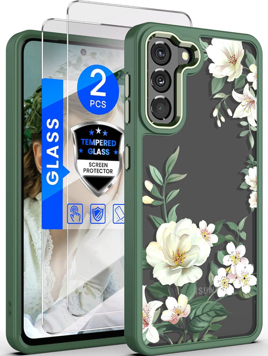 Dretal for Samsung Galaxy S21 5G Case Floral, Military Grade Drop Tested Hard Back & Soft Edge Slim Flower Women Girls Phone Protective Cover + Tempered Glass Screen Protector for Galaxy S21（Green  Dretal   