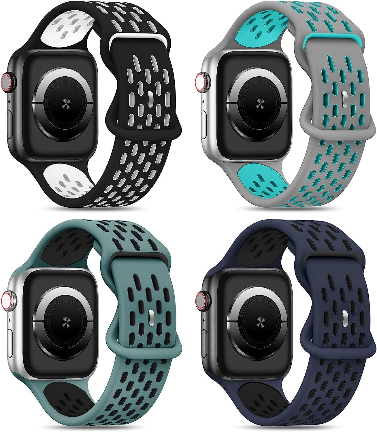 Shalila 4 Pack Sport Bands Compatible with Apple Watch Band 49Mm 45Mm 44Mm 42Mm 41Mm 40Mm 38Mm for Men Women, Silicone Breathable Wristband Replacement Strap for Iwatch Ultra Series 8/7/SE/6/5/4/3/2/1  Shalila Black White/Gray Teal/Cactus Black/Midnightblue Black 38/40/41mm 