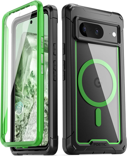 Poetic Guardian Magpro Case for Google Pixel 8 6.2 Inch, [Compatible with Magsafe] [20FT Mil-Grade Drop Tested], Full Body Hybrid Shockproof Bumper Cover with Built-In Screen Protector, Green/Clear  Poetic   