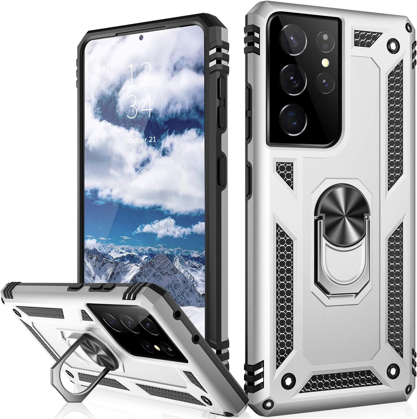 IKAZZ Galaxy S21 Case,Samsung S21 Cover Military Grade Shockproof Heavy Duty Protective Phone Case Pass 16Ft Drop Test with Magnetic Kickstand Car Mount Holder for Samsung Galaxy S21 Black  IKAZZ Silver Galaxy S21 Ultra (Large 6.8") 