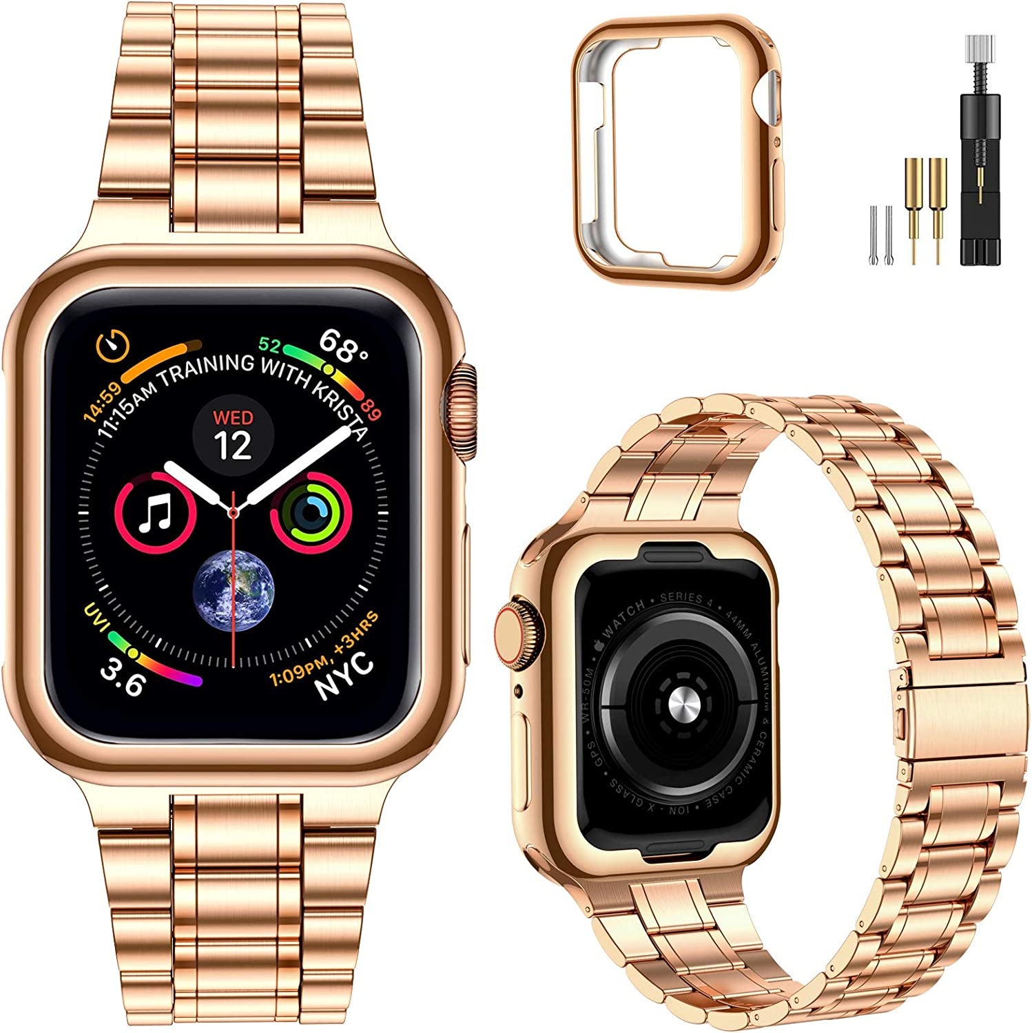 Miohhr Solid Stainless Steel Band Compatible with Apple Watch 49Mm 45Mm 44Mm 42Mm 41Mm 40Mm 38Mm, Metal Strap for Iwatch Series Ultra 8 7 6 5 4 3 2 1 SE Women and Men  MioHHR Rose Gold 41 mm(Series 8/7) 