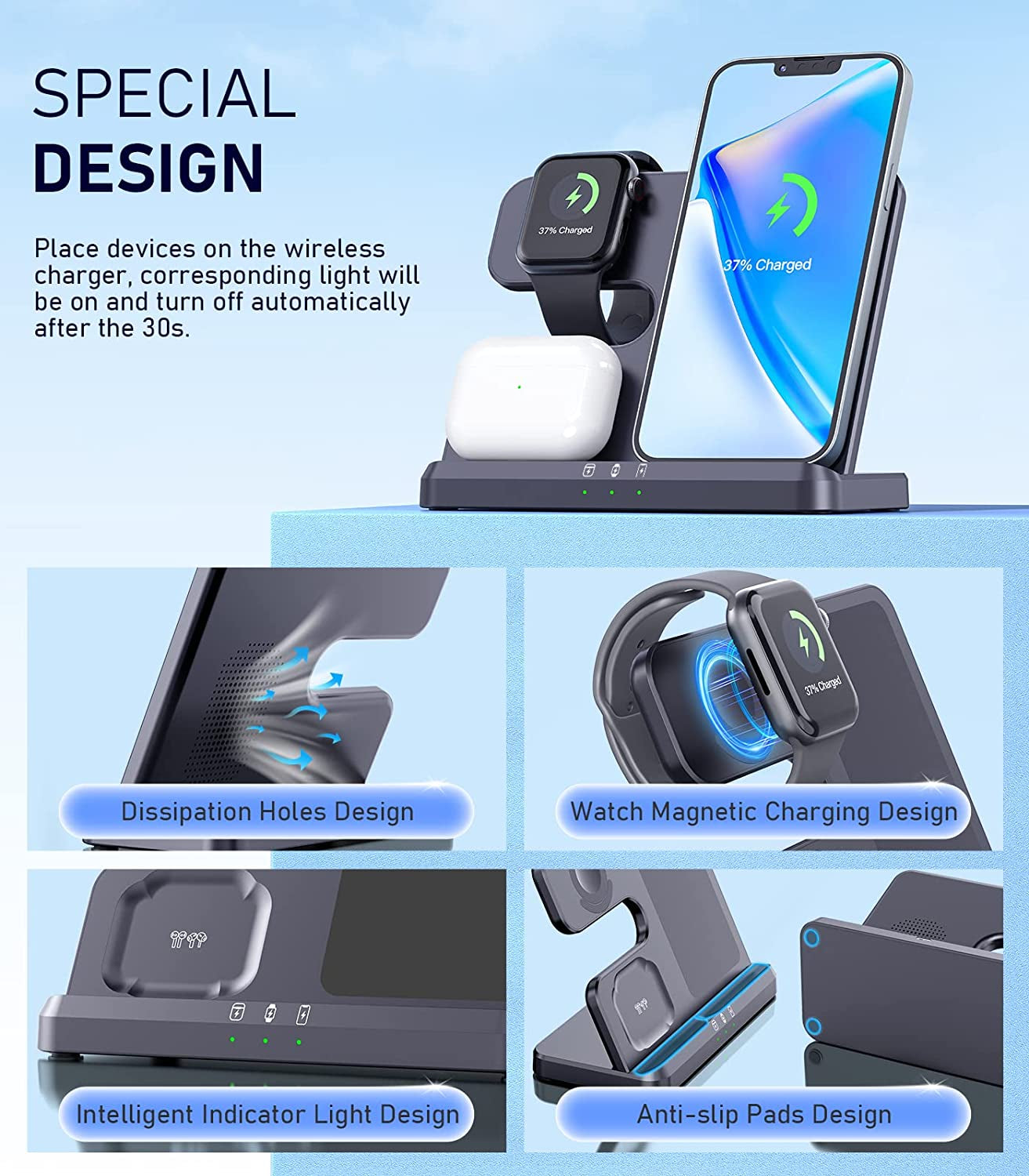 3 IN1 Wireless Charging Station Apple,20W Fast Wireless Charger Stand, Iphone Wireless Charger Station Dock for Iphone14-11/Pro/Max/Mini/X/Xr/8/Plus,Airpods Pro/3/2,Apple Watch Series (18W Adapter)  Fulldepot   