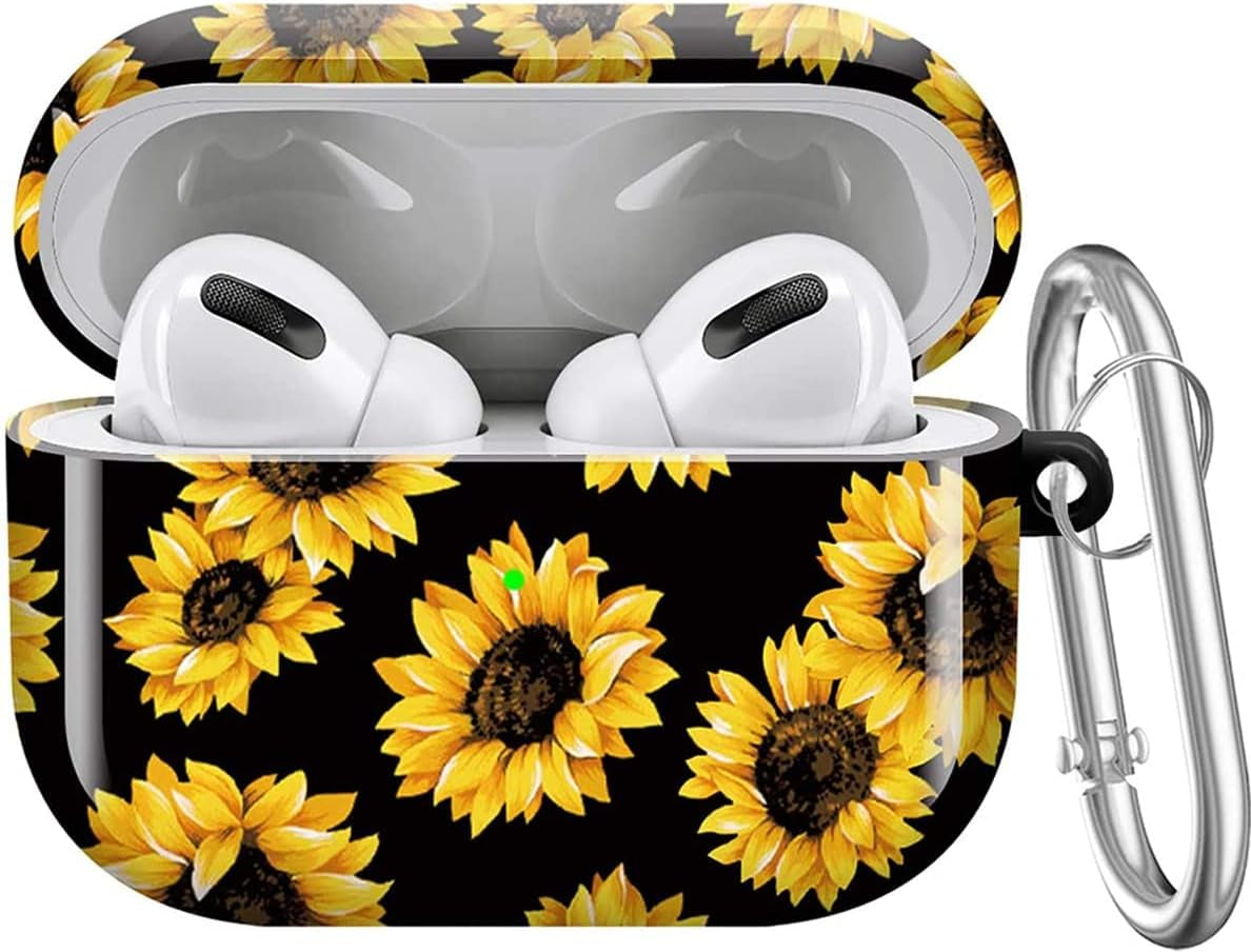 Maxjoy for Airpods Pro Case Cover, Clear Flower Pro Case for Women Men Cute Soft Protective Floral Ipod Pro Case with Keychain Clip for Airpods Pro Charging Case 2019, Transparent  Maxjoy Yellow + Black  