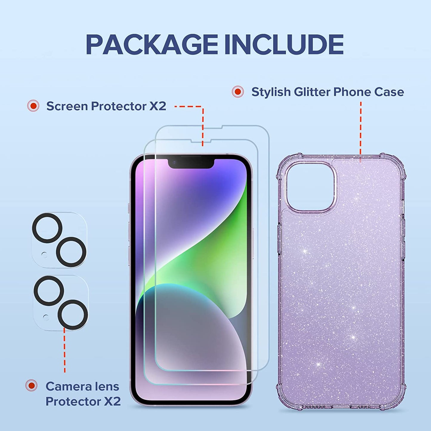 BERFY for Iphone 14 Case Glitter, with 2X Screen Protector + 2X Camera Lens Protector, [Not Yellowing] Sparkly Crystal Shockproof Hard Back Slim Protective Phone Cover for Women Girls (Clear Purple)  BERFY   