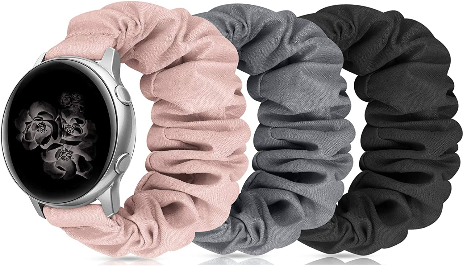 20Mm 22Mm Scrunchies Watch Bands, Cute Elastic Replacement Bands for Women with Quick Release Bar, Fabric Band for Samsung Galaxy Watch 4 5 Pro Galaxy Active, Active 2 40Mm 44Mm Watch Smartwatch Bla-S  ZSMJ U-Black+Grey+Pink Small 